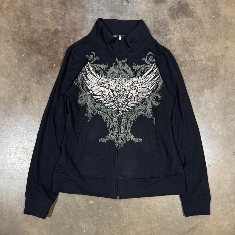 vintage Y2K 2000s emo Grunge punk black tribal wings Zip Up Sweater XL